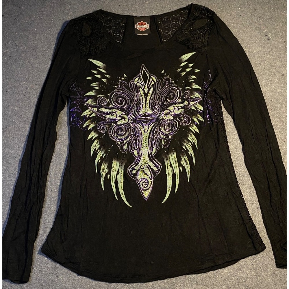 Vintage HARLEY DAVIDSON Lace Back Rhinestone Women's LONG SLEEVE‎ black SMALL